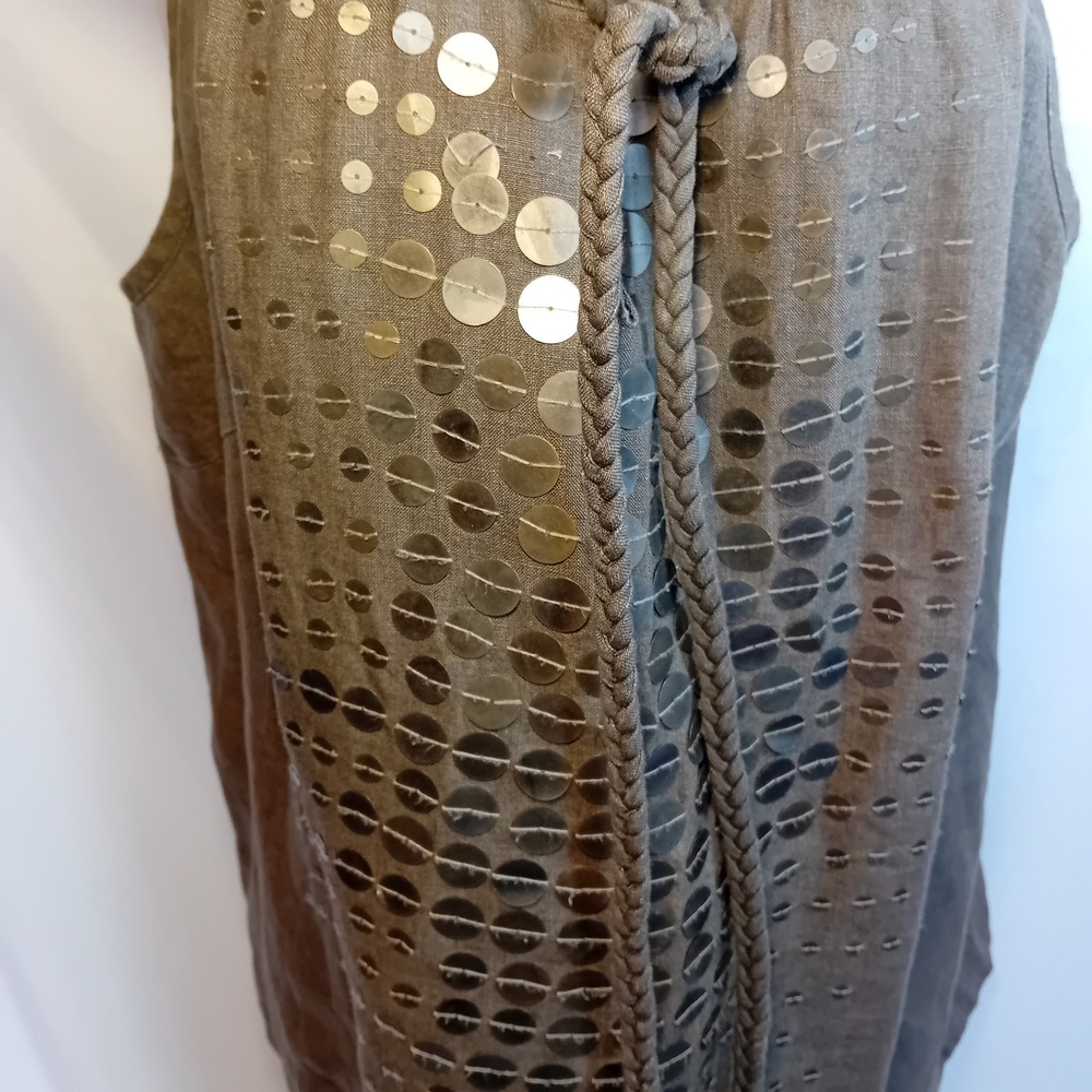 Signal Linen Sequin Studded Grommet Sleeveless Top Olive Green Bohemian Work XL - Picture 8 of 16